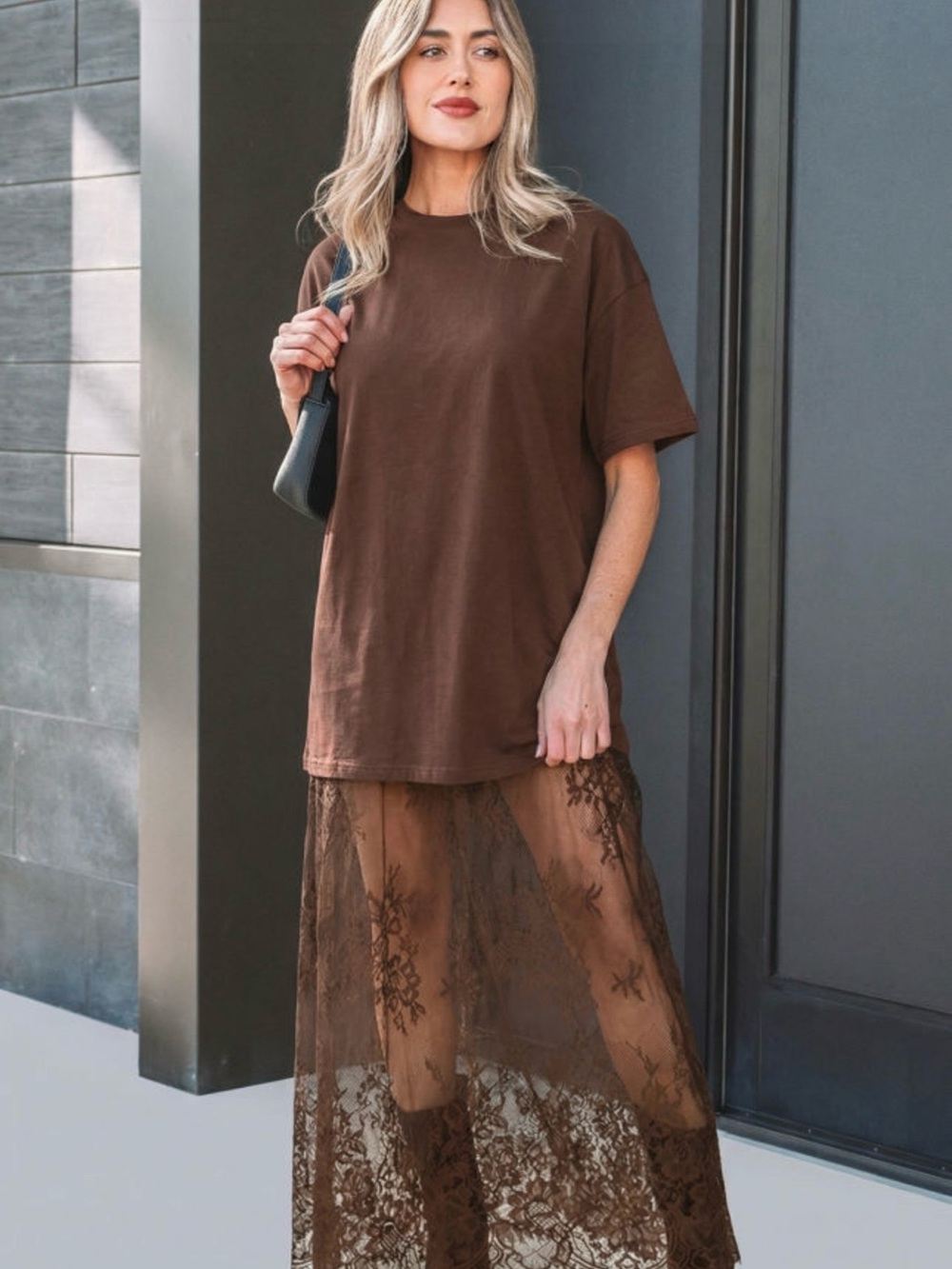 Brown Lace Maxi Skirt - Sheer Floral Overlay